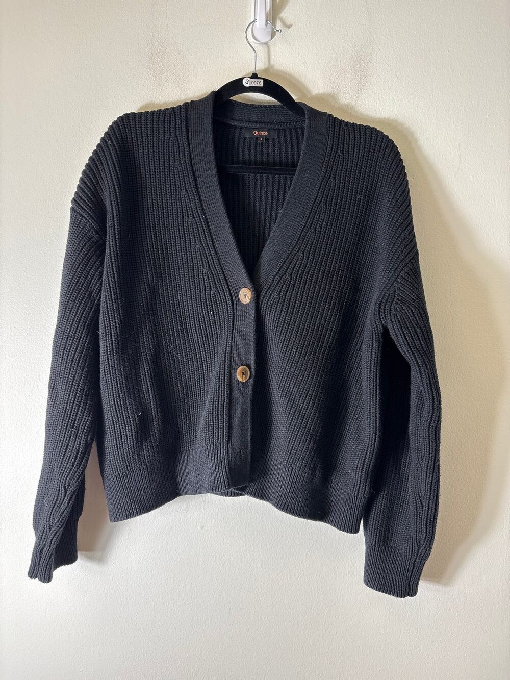 Quince Black Cable Knit Long Sleeve Cardigan Sweater Sz S